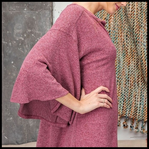 EASEL Hacci Knit Sweater Dress Mandarin Collar V-Neck & Statement Bell Sleeves - Picture 10 of 16